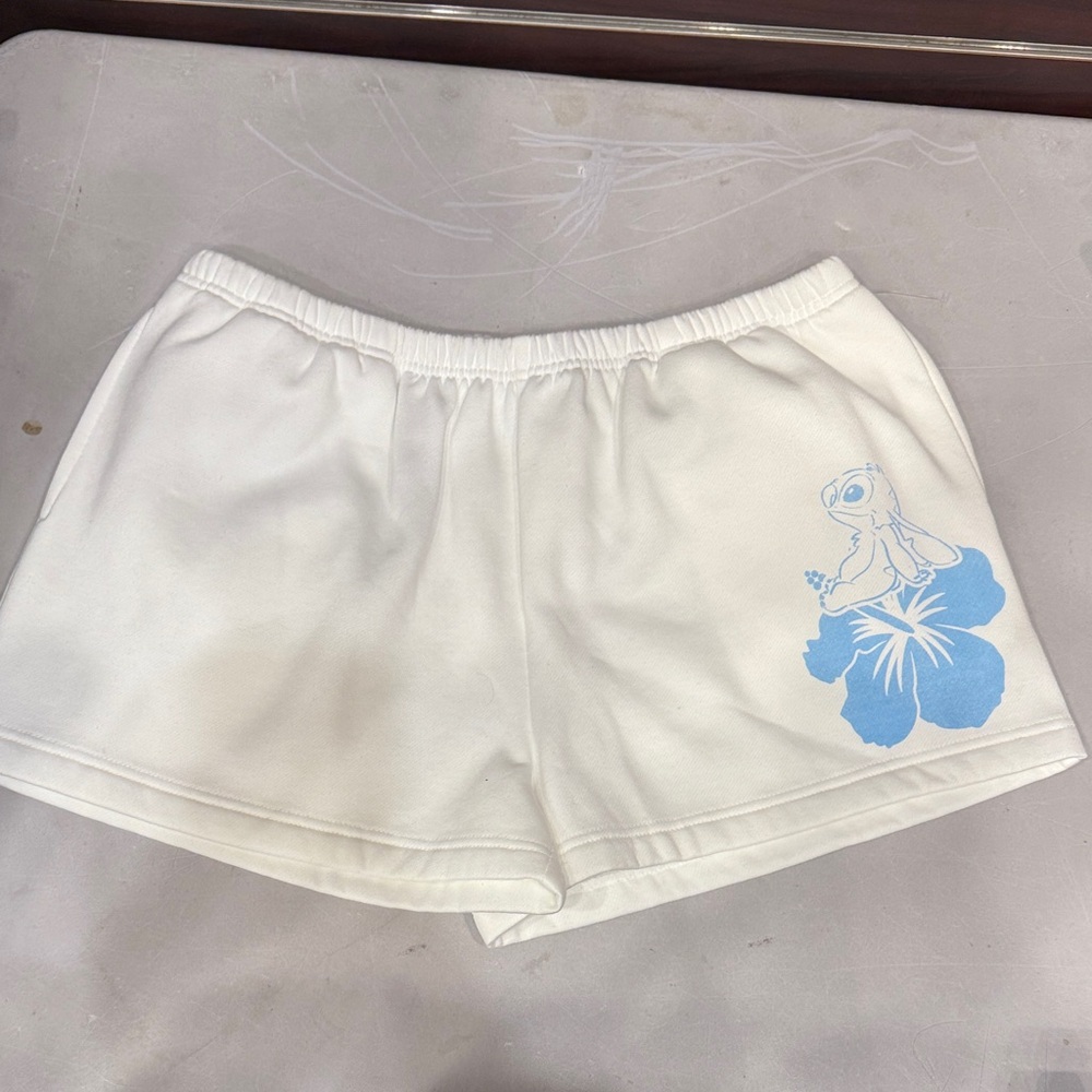 Women's White Stotch Sweat Shorts with Blue Floral Accent